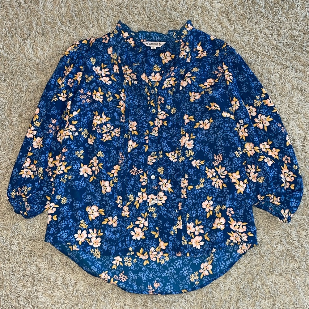 Dark Blue Peach Orange Floral Blouse Nanette Lepore